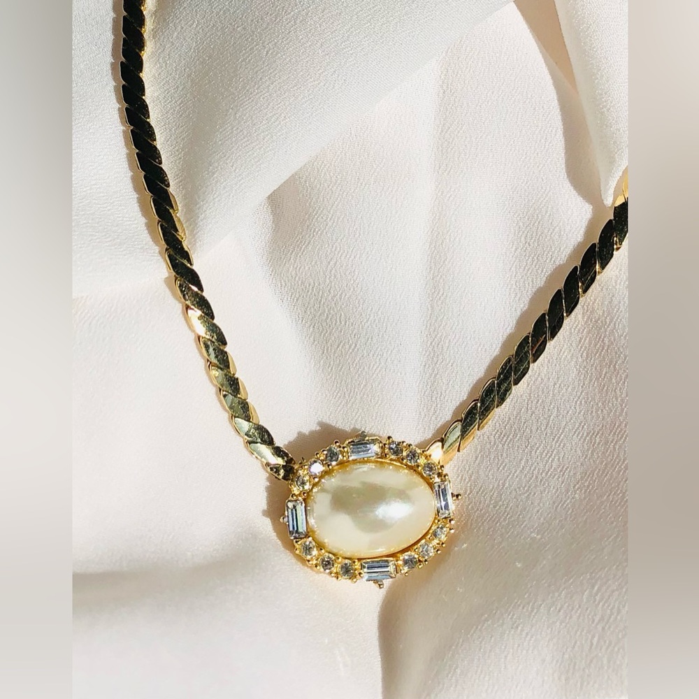 Vintage Christian Dior Faux Pearl + Crystal Necklace CD Chain Signed Adjustable